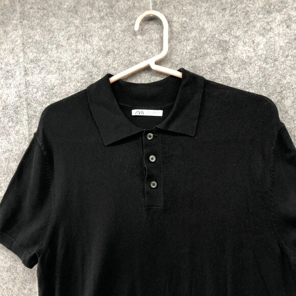 Zara Short Sleeve Polo Sweater Mens M Black Stretch Tight Knit Collared - Picture 3 of 9